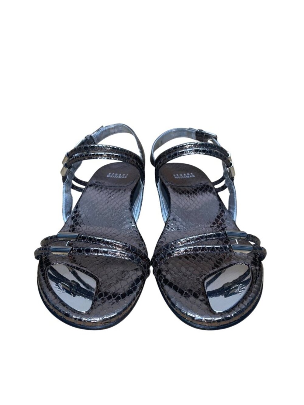 Stuart Weitzman Women’s Silver Snake Print Slingback Wedge Sandals Size 9.5 - Picture 2 of 9